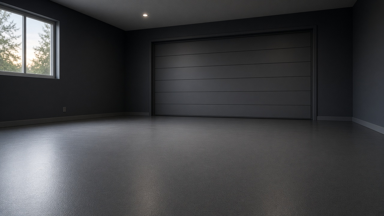Empty garage slab with a clean charcoal epoxy floor