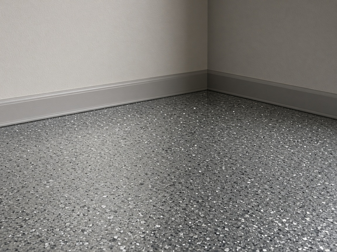 Flake epoxy at a floor corner, with no brand marks