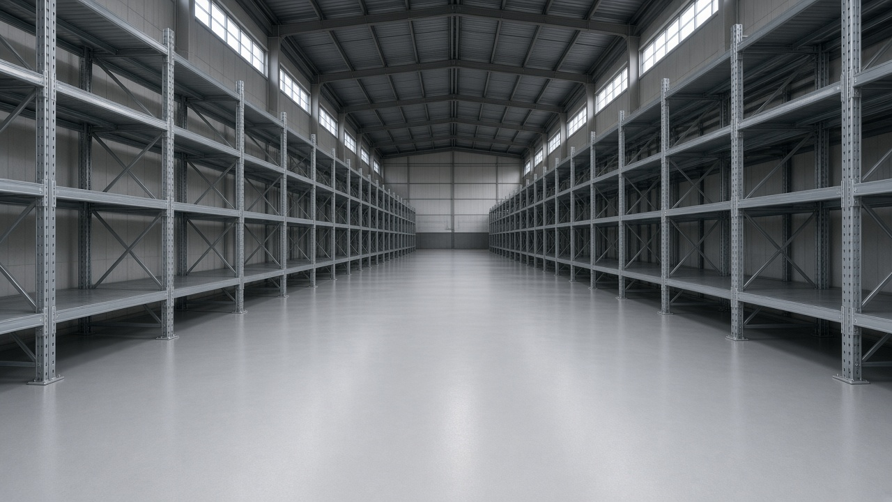 Empty warehouse aisle with a resin floor